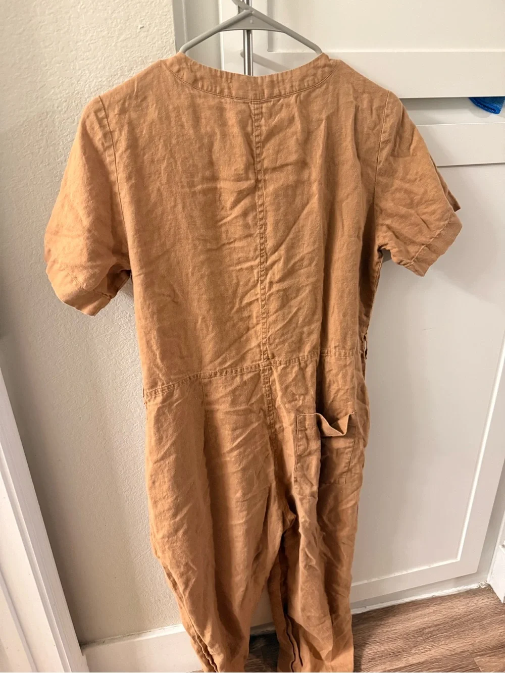 Everlane Short-Sleeve V-Neck Jumpsuit in Tan